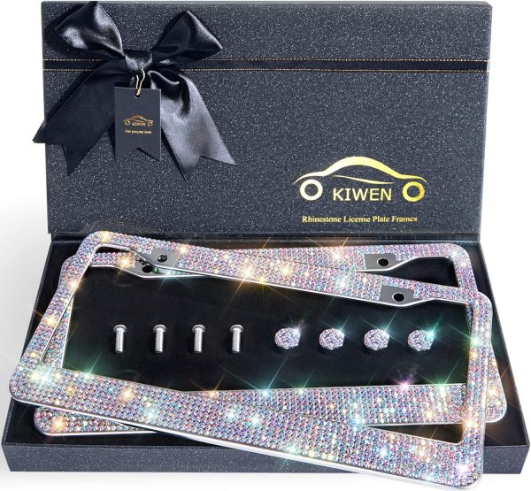 Bling License Plate Frames with High End Ribbon Gift Box,2 Pack Rhinestone License Plate Frame,Handcrafted Crystal Premium Stainless Steel Bling License Plate Frame for Women,Birthday