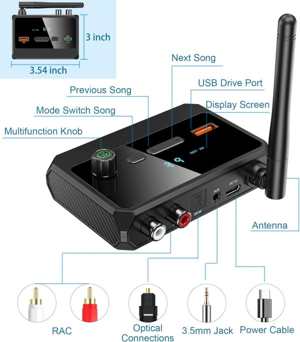 KAIY Bluetooth 5.3 Receiver for Home Stereo, Optical Low Latency & HD Music Audio Bluetooth to RCA Adapter for Stereo/Speakers/Wired Speakers/Home Music Streaming Stereo System, Support AUX/USB - Image 8